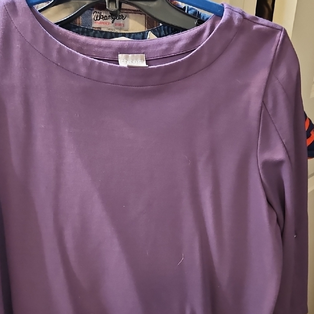 Chico's Purple Blouse with Crew Neck and Long Sleeves